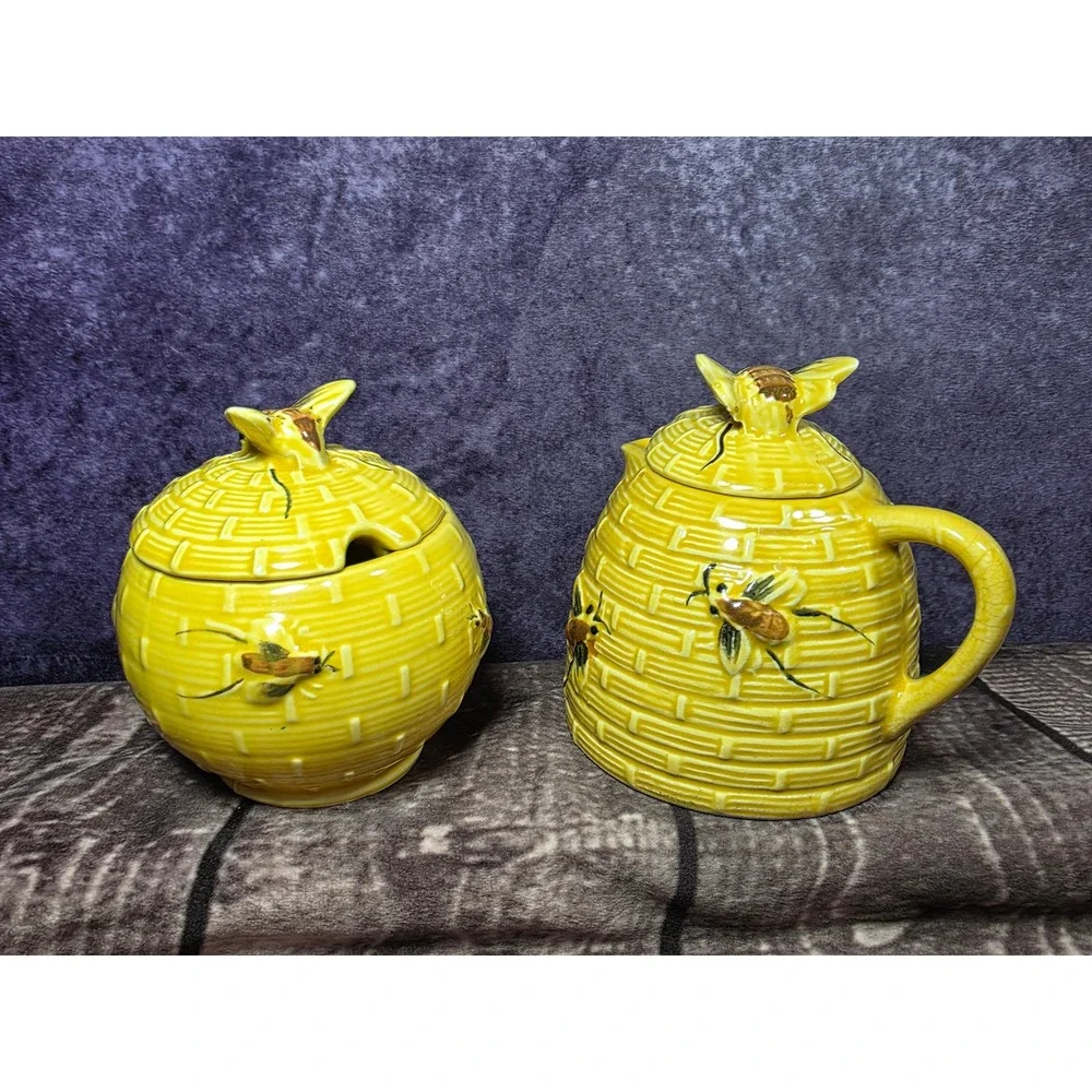 Vintage Yellow Beehive Ceramic Sugar Bowl and Creamer Set with Bees Skep Design‎